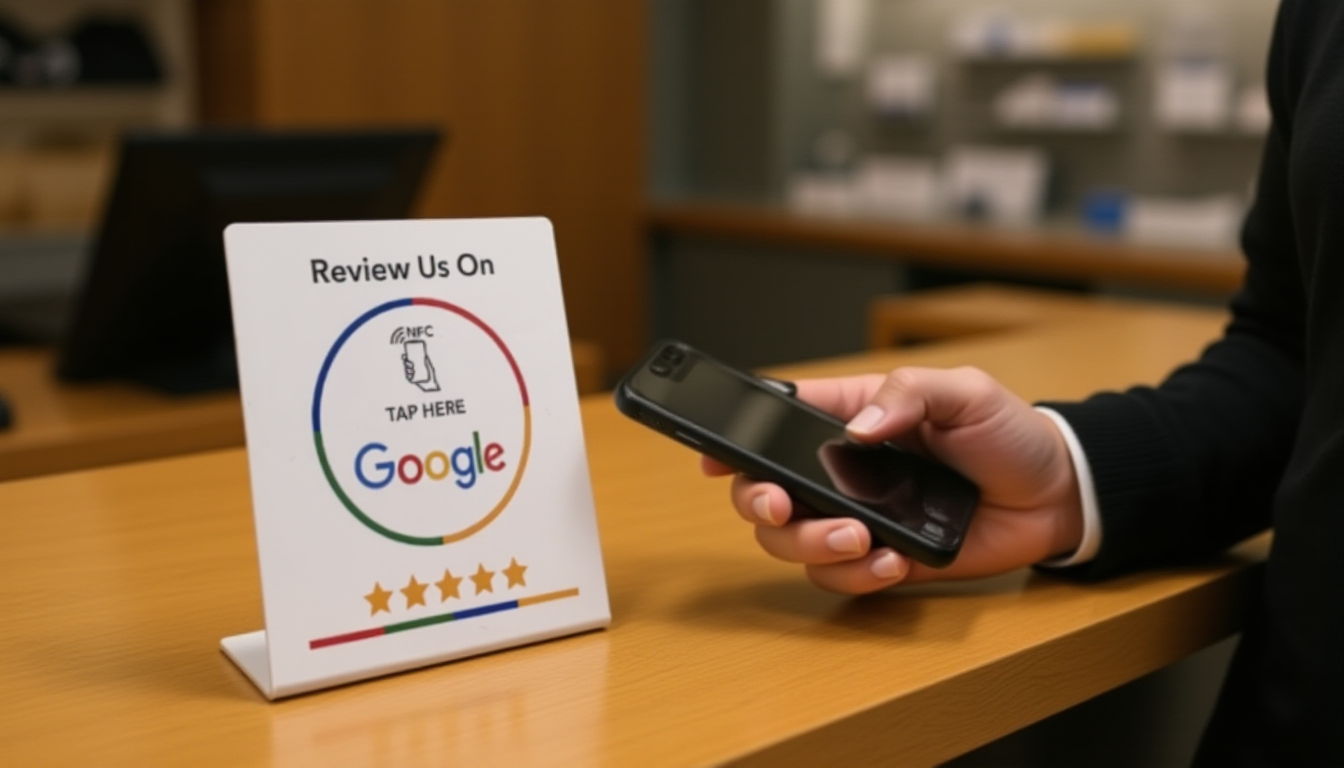 Customer tapping smartphone above NFC review card on retail counter to leave Google review
