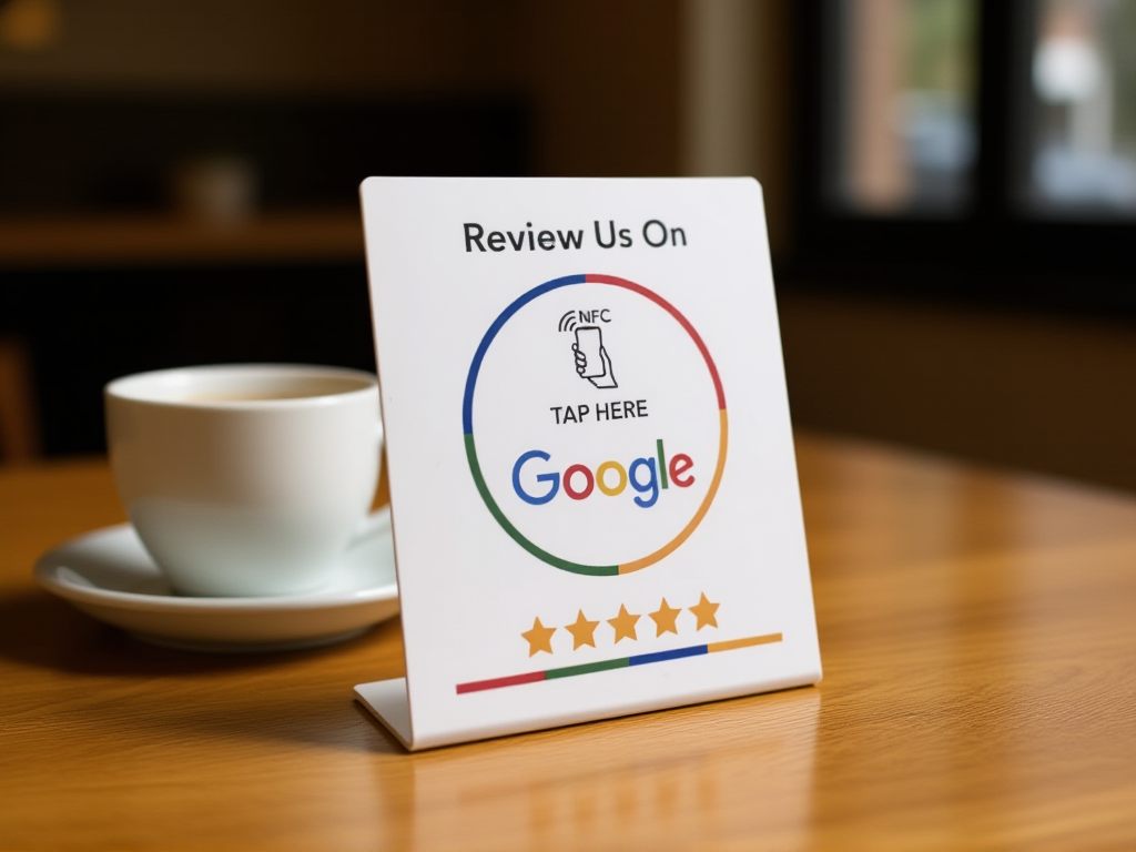 NFC Google review card displayed on café counter next to coffee cup