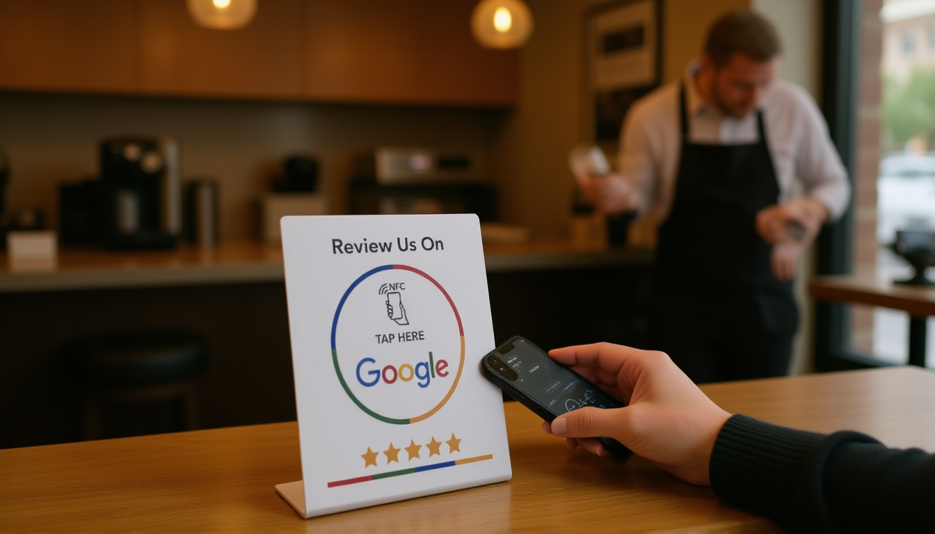 Customer tapping phone above NFC review card on café counter to leave Google review