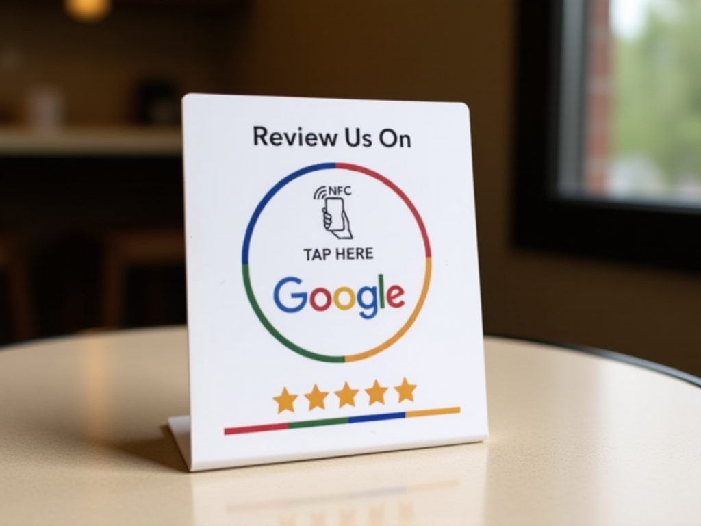 NFC Google review card on stand at cafe checkout counter