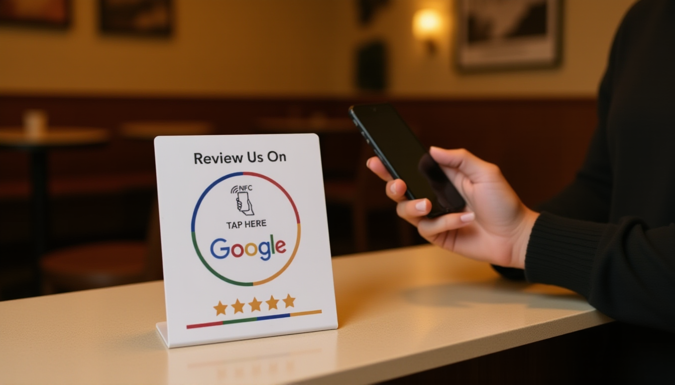 Customer tapping phone above NFC review card on cafe counter to leave Google review