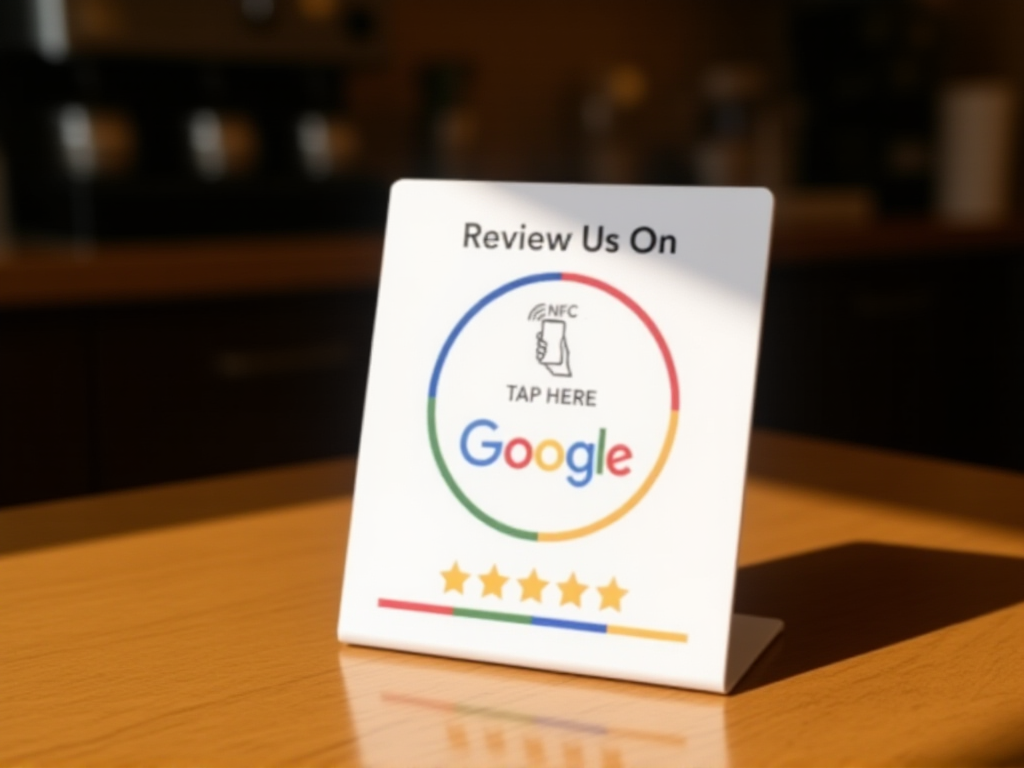 NFC Google review card displayed on local business counter for customer feedback