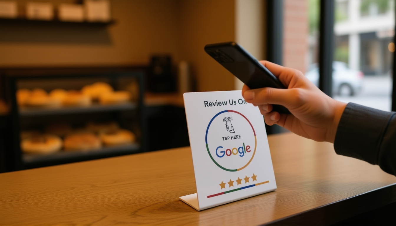 Customer tapping phone above NFC review card on cafe counter to leave Google review