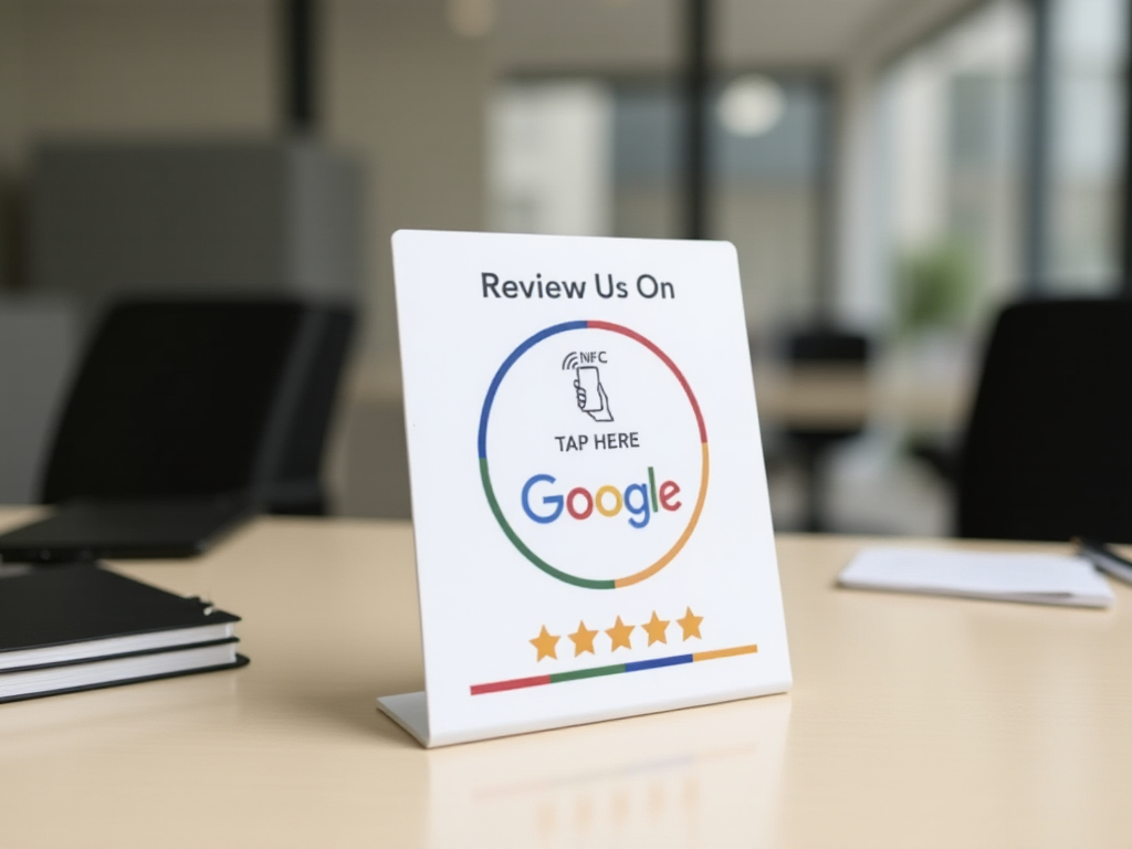 NFC review card stand displayed on small business reception desk for customer feedback collection