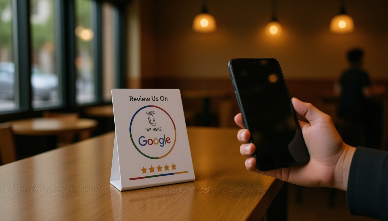 Customer tapping smartphone above NFC review card on coffee shop counter to leave Google review