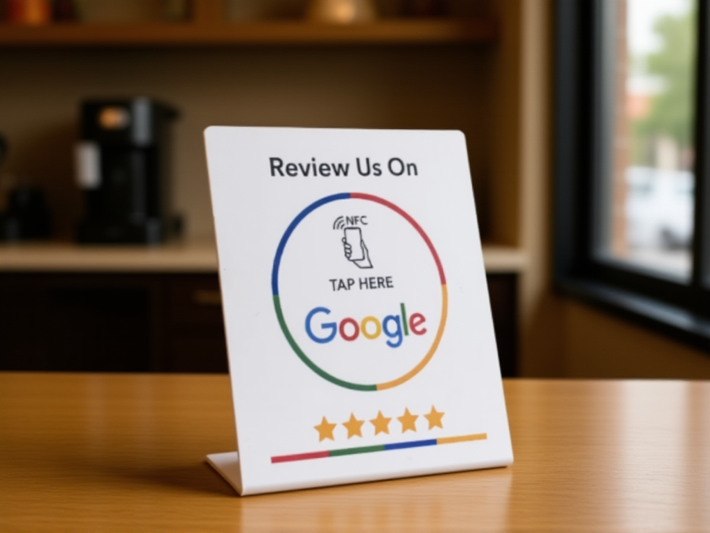 NFC review card stand displayed on business counter for contactless customer feedback collection