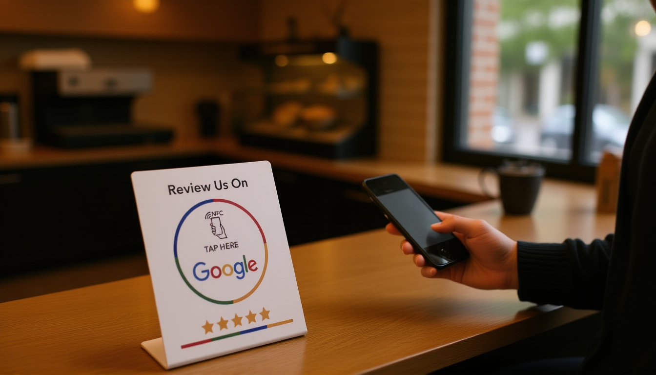 Customer tapping smartphone above NFC review card on coffee shop counter to leave Google review