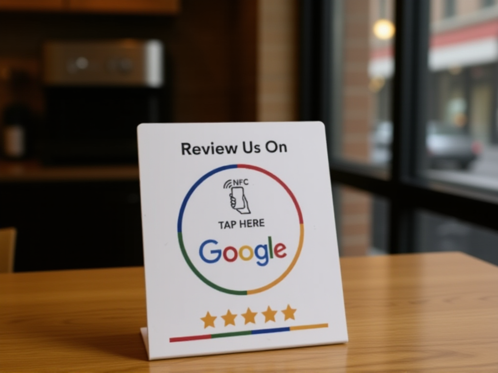 NFC review card stand on cafe counter showing tap-to-review Google prompt for contactless feedback