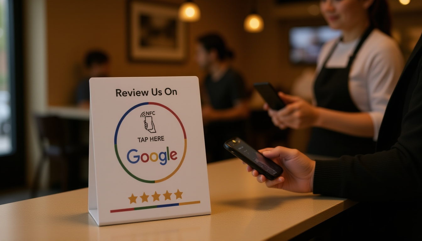 Customer tapping smartphone above NFC review card on coffee shop counter to leave Google review