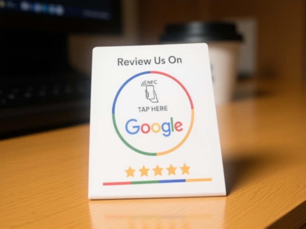 NFC review card displayed on reception desk in small business office