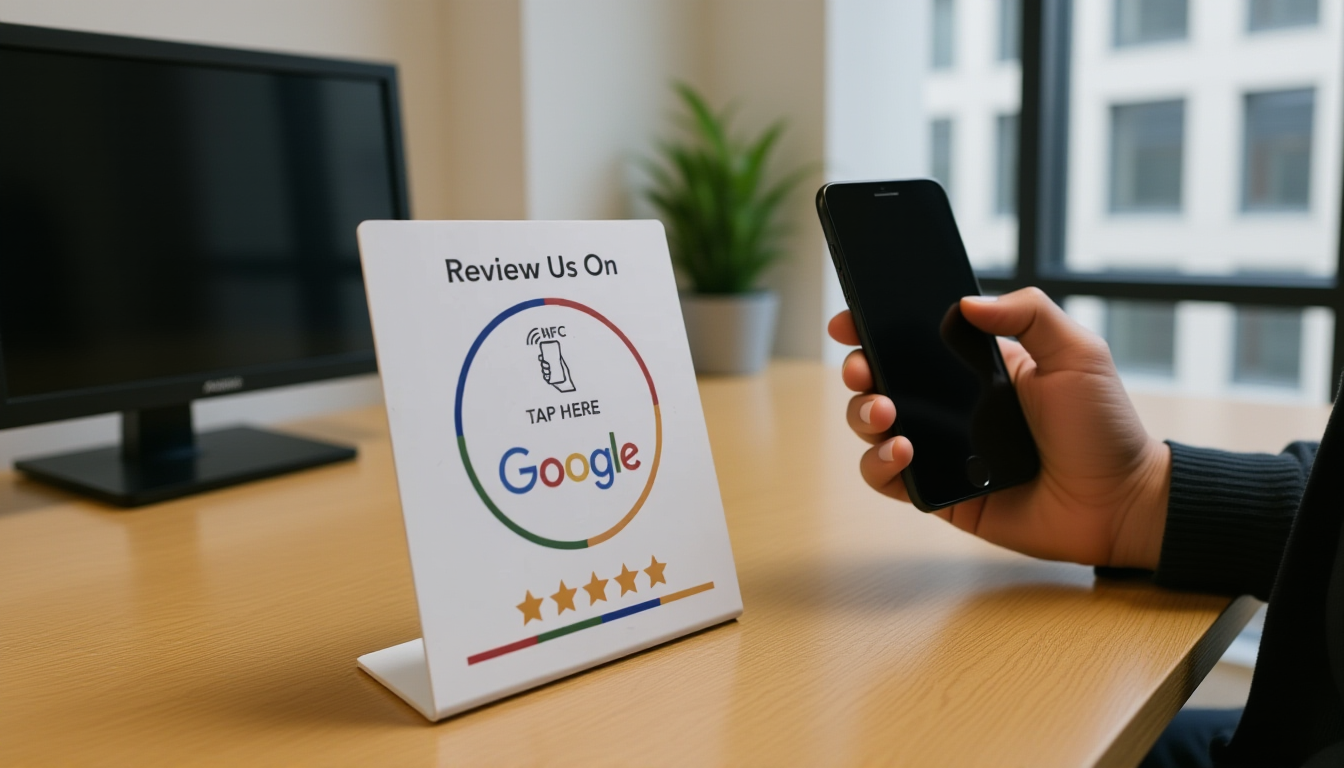 Customer tapping phone above NFC review card on small business reception desk