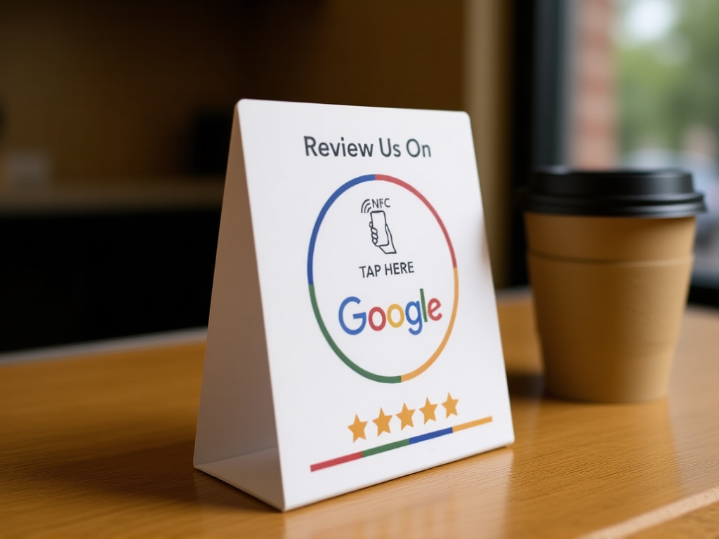 NFC review card displayed on checkout counter showing Google branding and tap-to-review design