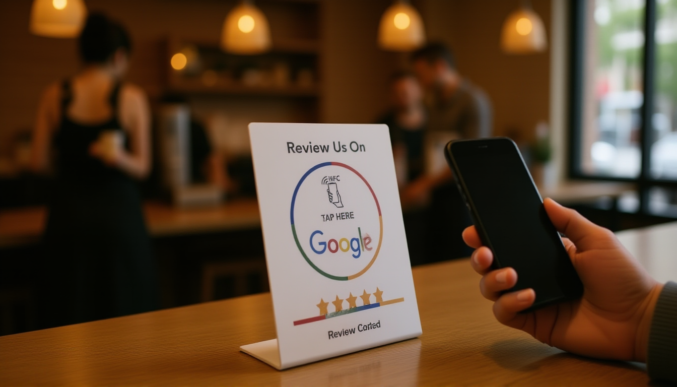 Customer tapping smartphone above NFC review card on coffee shop counter to leave Google review