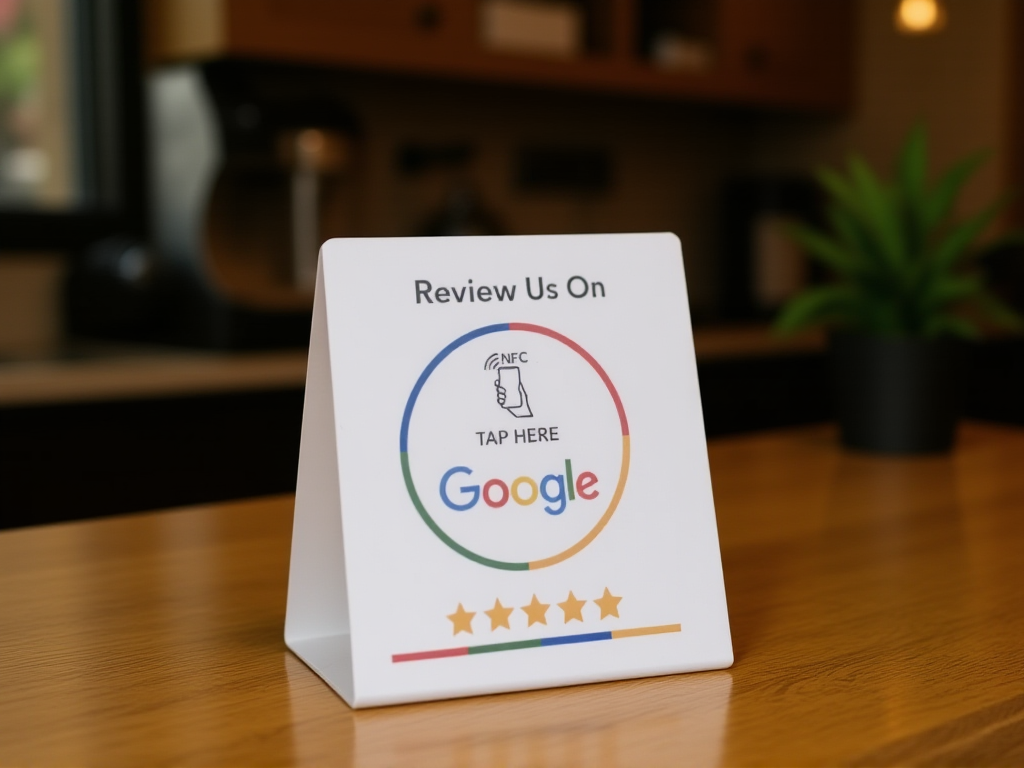 NFC tap-to-review card on cafe counter ready for customers to leave Google reviews