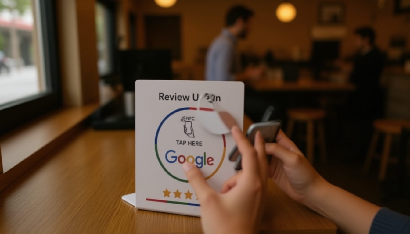 Customer tapping phone above NFC review card on coffee shop counter to leave feedback