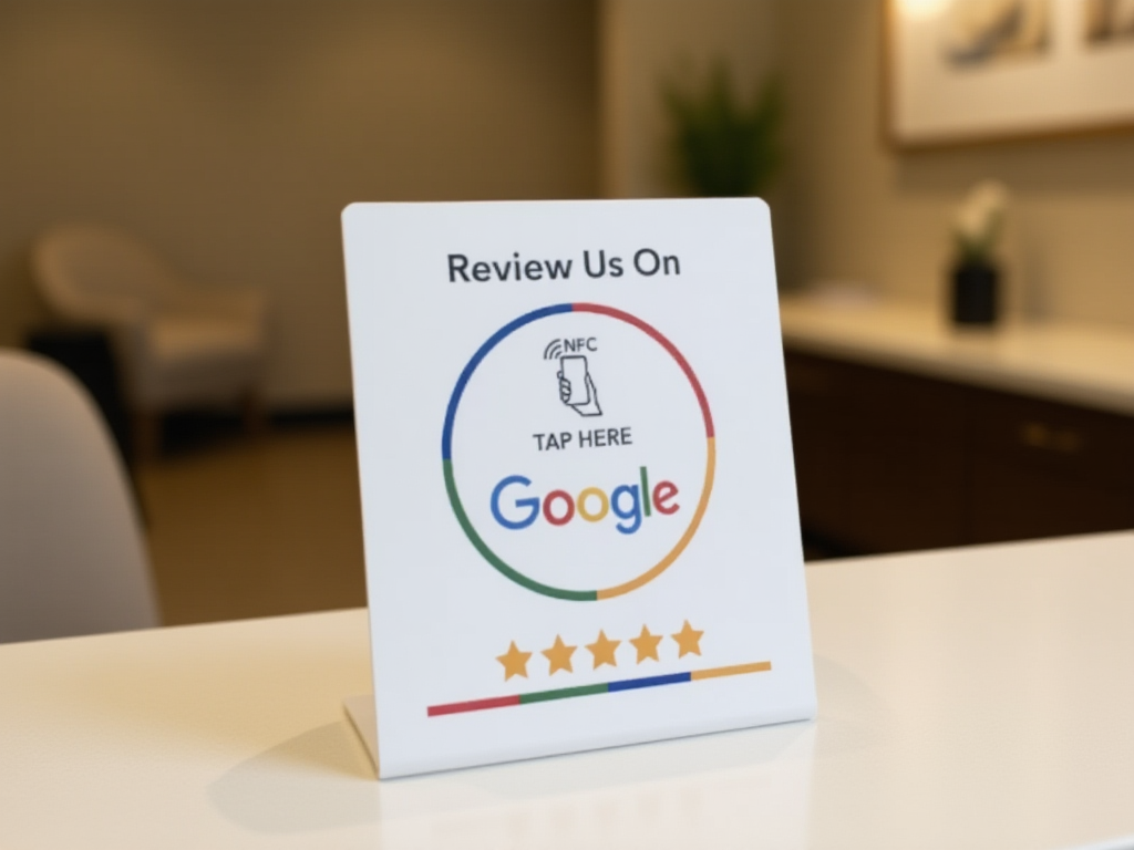 NFC review request card displayed on salon reception desk for customer feedback collection