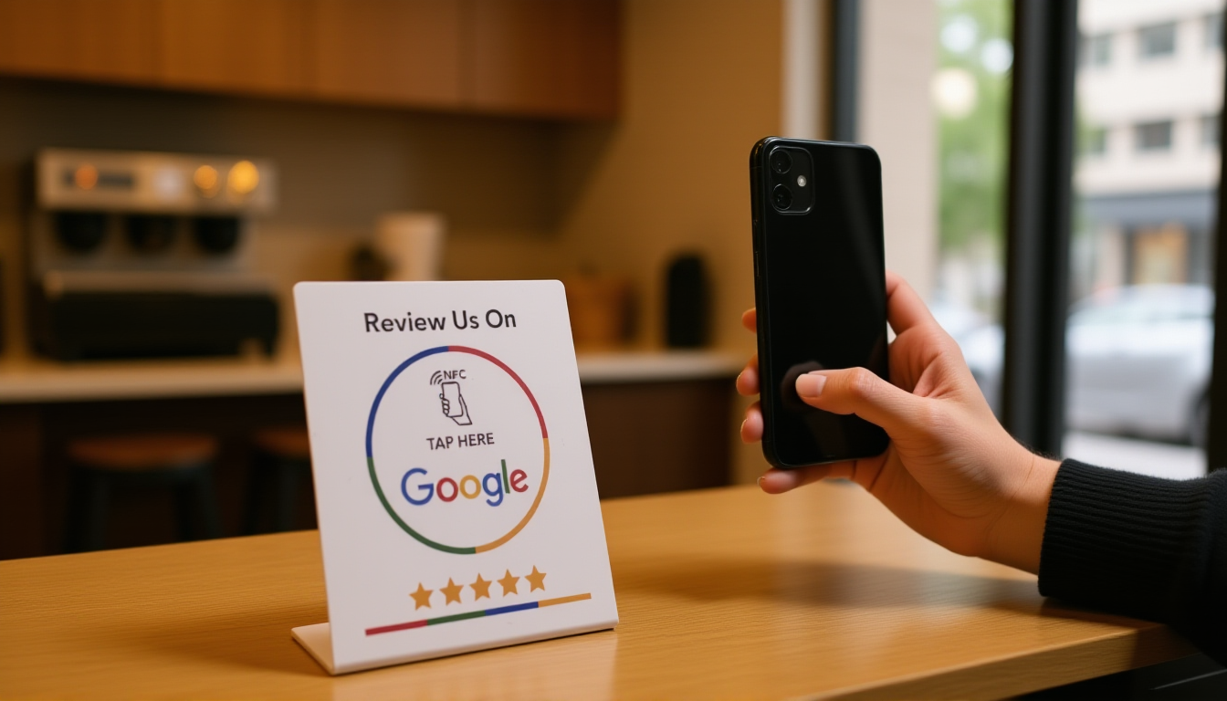 Customer tapping phone above NFC review card on coffee shop counter to leave Google review